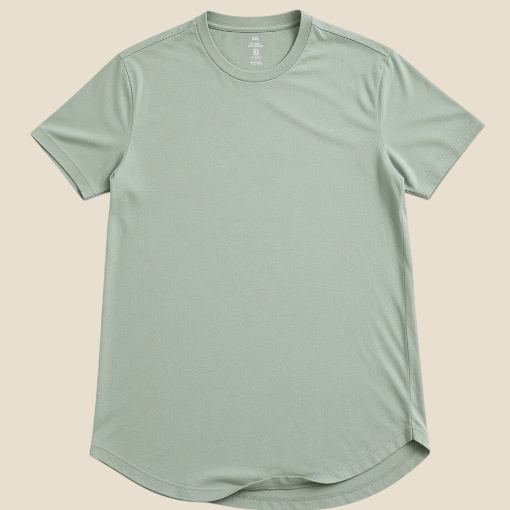 H&M Mens Long Fit Curved Hem T-Shirt Sage Green Cotton Crew Neck Size M